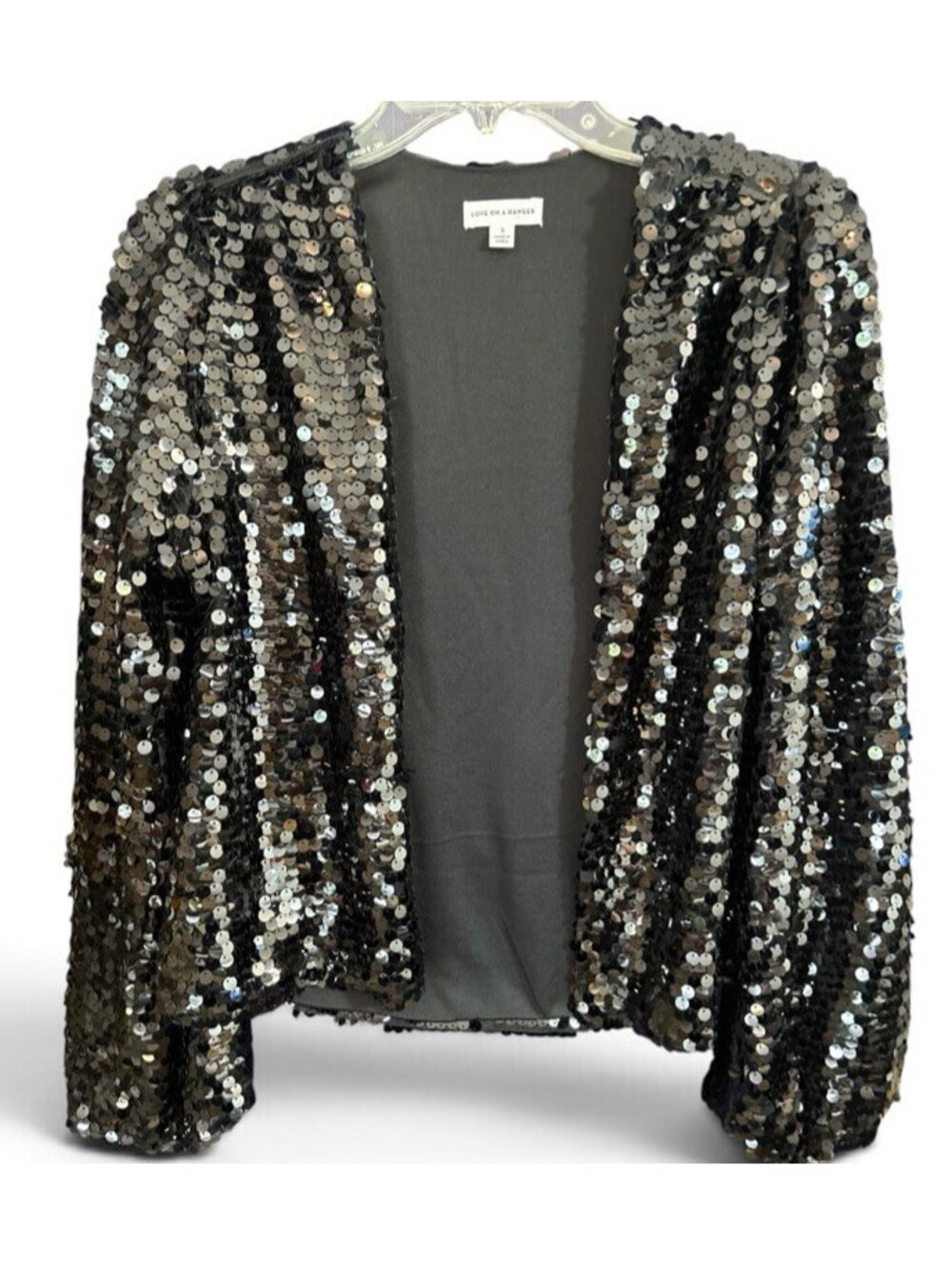 Love On A Hanger Size S Black Sequin Long Puff Sleeve Open Front Jacket NWOT
